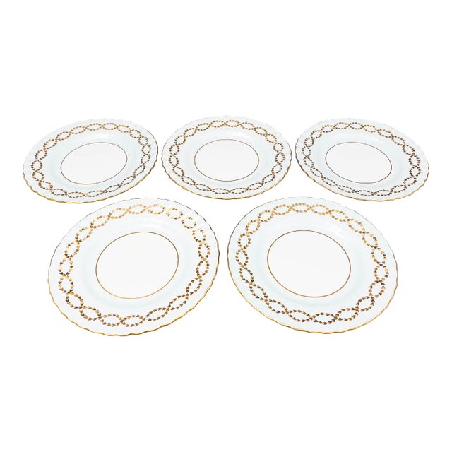 Late 20th Century Minton England S600 Gold Laurel Leaves Light Blue Salad Dessert Plates- Set of 5 For Sale
