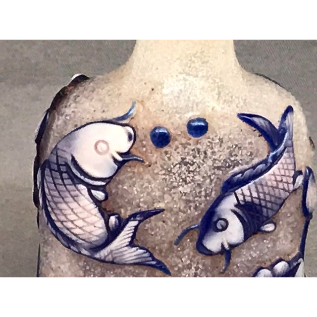 Frosted Glass Snuff Bottle With Blue Overlay Design of Fish Ad Ducks For Sale - Image 11 of 11