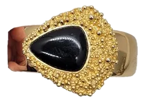 Vintage Signed Napier Modernist Goldtone Black Resin Cuff Bracelet, 1973 Ad Piece