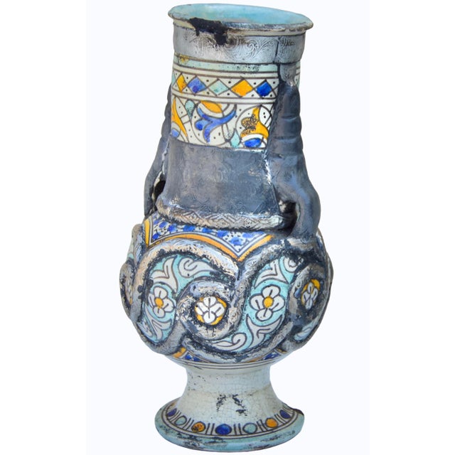 Early 19th Century Colorful Andalusian-Patterned Metal-Inlaid Ceramic Vase W/ Handles For Sale - Image 4 of 12