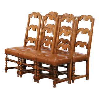 Set of 6 French Louis XIII Oak Ladder Back Dining Chairs With Leather Seats For Sale