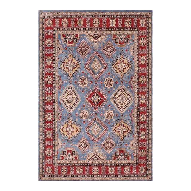 Rustic Kazak Light Blue/Red Wool Rug - 8'1''x9'7'' For Sale