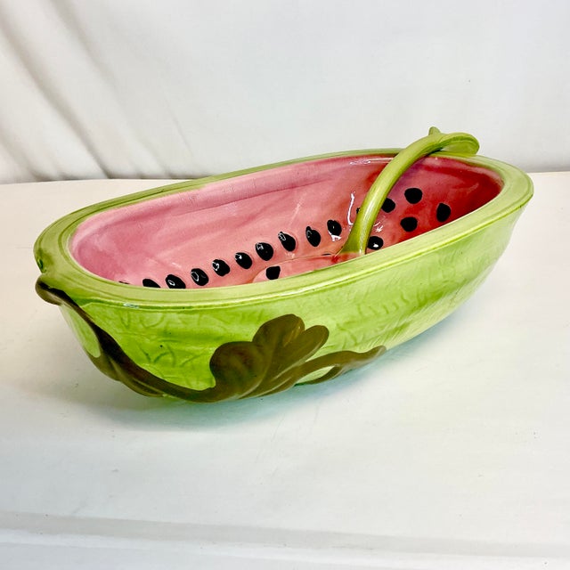 Mid 20th Century Mid 20th Century Americana Folk Art Arts & Crafts Ceramic Watermelon Serving Bowl With Ladle - 2 Piece Set. For Sale - Image 5 of 12