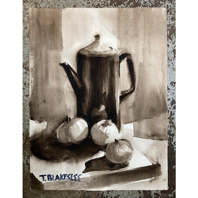 1960s en grisaille watercolor on paper still life with pitcher and fruit or vegetables by artist Tina Blakeslee. Sepia...