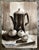 1960s en grisaille watercolor on paper still life with pitcher and fruit or vegetables by artist Tina Blakeslee. Sepia...