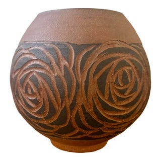 Vintage Mid-Century Incised Red Clay Vase With Black Rose Motif, Signed For Sale