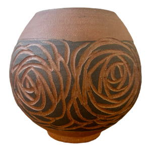 Vintage Mid-Century Incised Red Clay Vase With Black Rose Motif, Signed