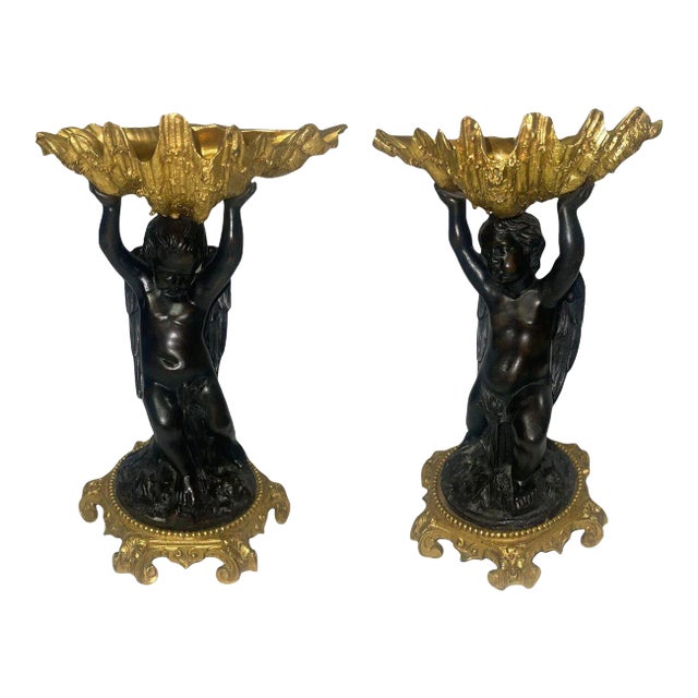 Pair of 19th Century Gilt Bronze Garnitures With Shell-Form Bowls Supported by Angels For Sale