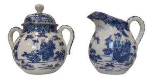 Vintage Chinoiserie Blue and White Creamer and Lidded Sugar Bowl - Set of 2