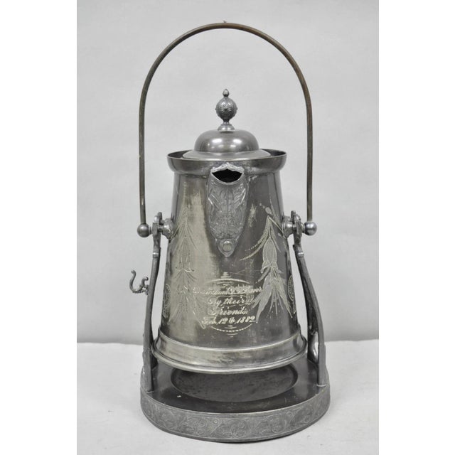 Antique English Victorian Silver Plated Tilting Coffee Pot on Stand W/ Engraving For Sale - Image 4 of 17