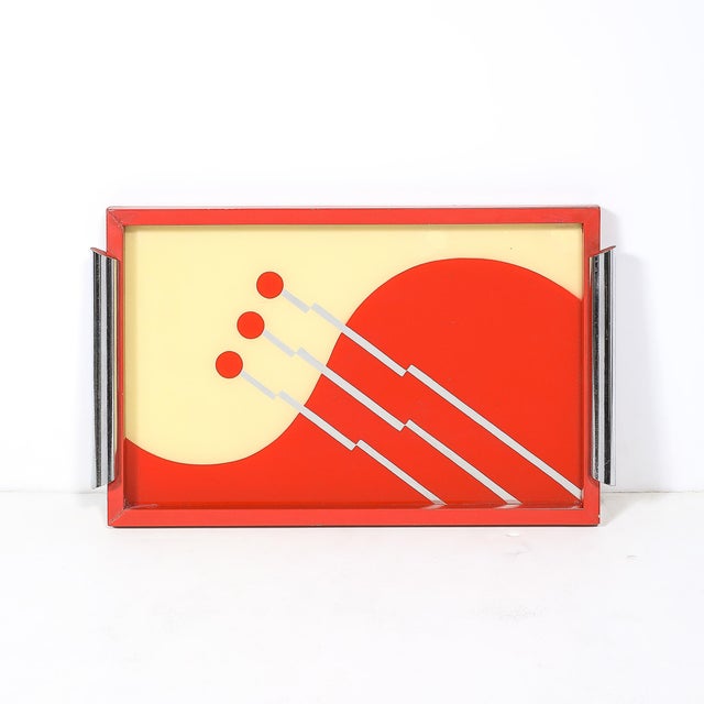 Art Deco Eglomise Graphic Geometric Detailed Tray in Vermillion Red & Yellow For Sale - Image 11 of 17