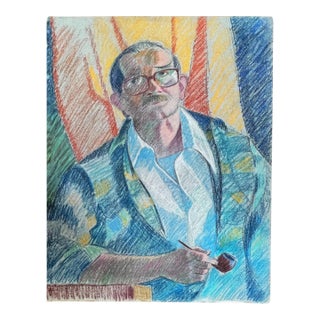 Portrait "Man Smoking Pipe" Pastel on Paper C 1970s 19" X 25.5" For Sale
