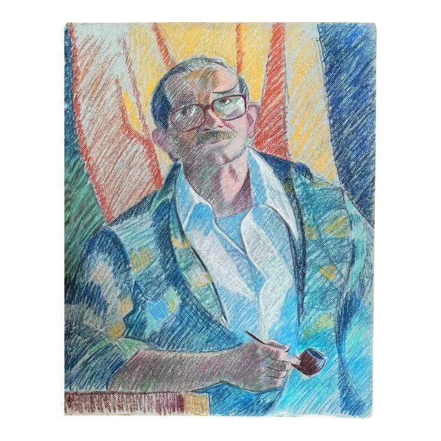 Portrait "Man Smoking Pipe" Pastel on Paper C 1970s 19" X 25.5" For Sale