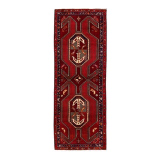 Mid-20th Century Caucasian Kazak Runner With Bird Motifs and Geometric Medallions in Crimson and Navy For Sale