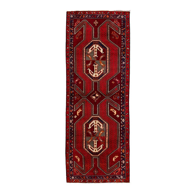 Mid-20th Century Caucasian Kazak Runner With Bird Motifs and Geometric Medallions in Crimson and Navy For Sale
