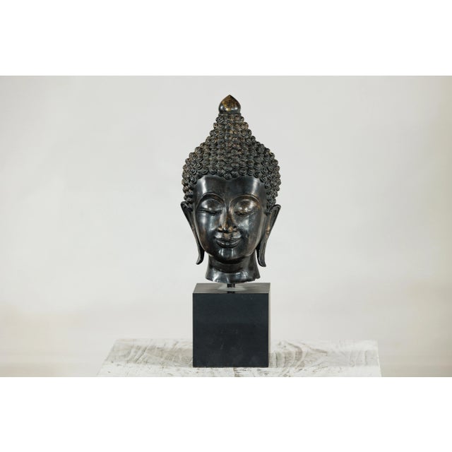 Vintage Bronze Buddha Head Sculpture Mounted on Black Laminate Display Base For Sale In New York - Image 6 of 12