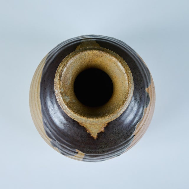 Tan Large Hand-Thrown Stoneware Drip Glaze Vase For Sale - Image 8 of 11