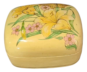 Mid 20th Century Vintage Kashmir Lacquered Papier Mache Hand Painted Floral Yellow Trinket Box