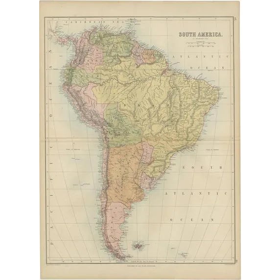 Antique Map of South America by A & C. Black, 1870 For Sale