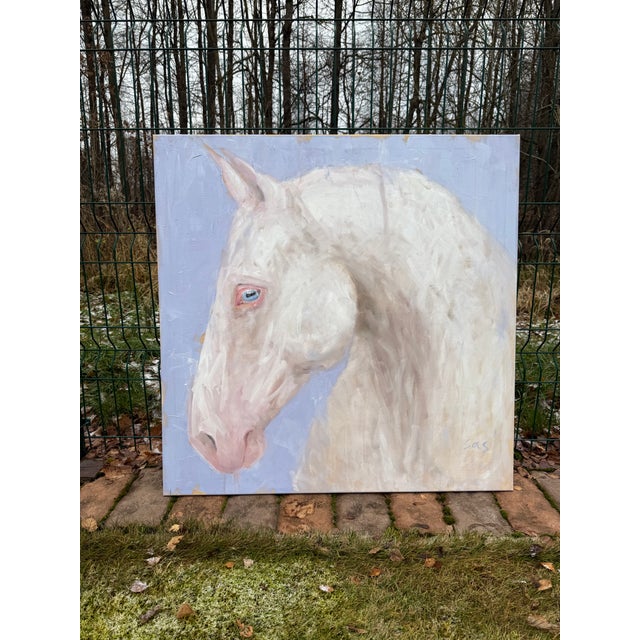 Artist Liubou Sas “Blue Eyes” Modern Original Painting White Horse For Sale - Image 11 of 13