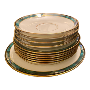 1990s Lenox Debut Collection “Kelly” Fine Bone China Dinnerware – Emerald & Gold Rim – Made in Usa