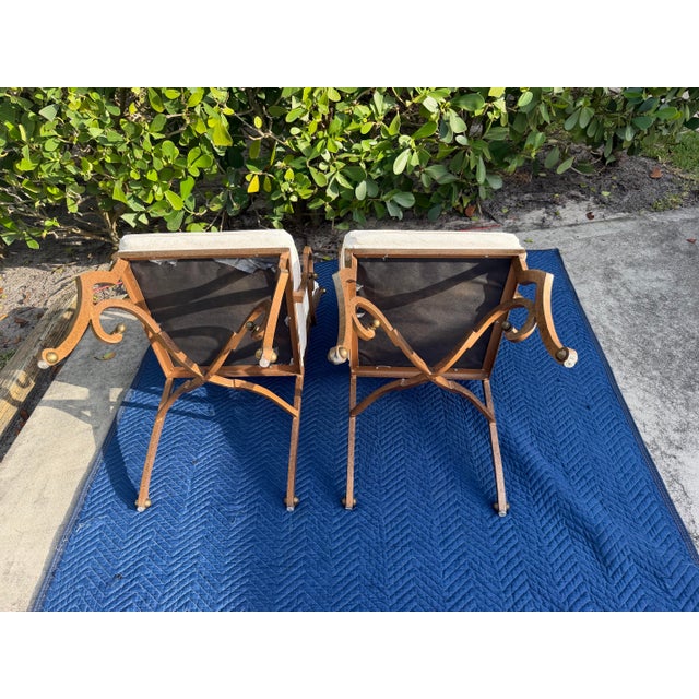 Vintage Hammered Iron Scroll Arm Lounge Chairs With Brass Finials, a Pair For Sale - Image 13 of 18