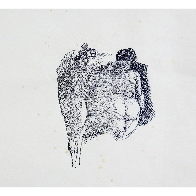 Vintage relief printing block of etched metal mounted on wood blocks. Nude woman and man, she is viewed from the back, his...