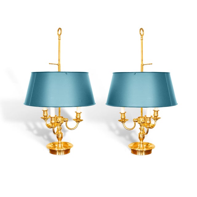 Empire Brass Bouillotte Lamps with Green Tole Shades, 1960s, Set of 2 For Sale - Image 11 of 11