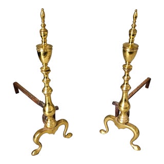 Pair of Late 19th Century Solid Brass Andirons With Log Stops For Sale