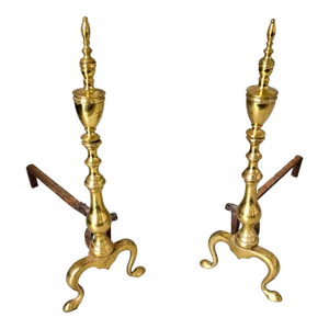 Pair of Late 19th Century Solid Brass Andirons With Log Stops