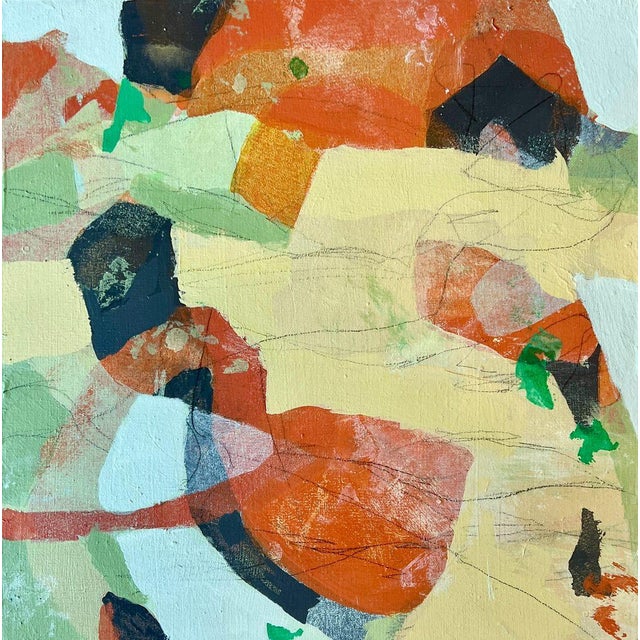 Mint, pistachio and pale yellow planes meet bursts of orange-red and deep navy, with fine pencil lines drawn across the...