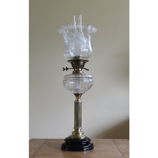 Art Nouveau Oil Lamp with Hand Blown, Etched Glass Shade and Duplex Burner, 1890s For Sale - Image 3 of 13