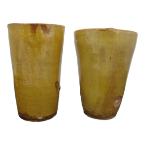 Antique 19th Century French Glazed Yellow Earthenware Pottery Cylinder Cup Pair