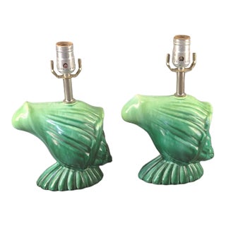 Pair Vintage Late 20th Century Palm Beach Glazed Pottery Seashell Conch Nautical Boudoir Table Lamps For Sale