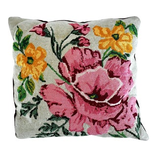 Vintage Floral Needlepoint Pillow For Sale