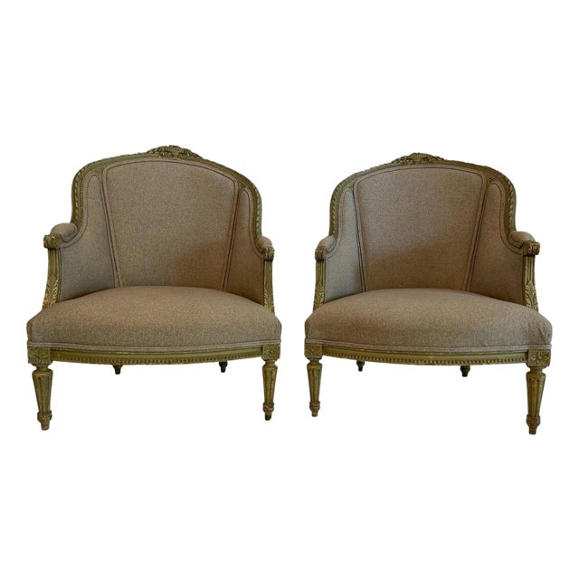 Early 20th Century Louis XVI Painted Fireside Chairs in Grey Upholstery with Flower Detail - A Pair For Sale