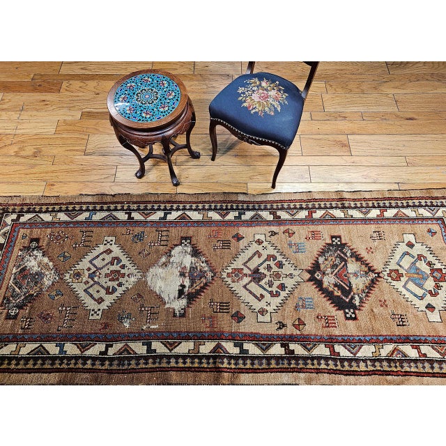 Camel Antique 19th C. Persian Kurdish Runner Rug, Hand-Knotted Wool, Geometric Pattern, 4x10, Camelhair & Ivory For Sale - Image 8 of 18