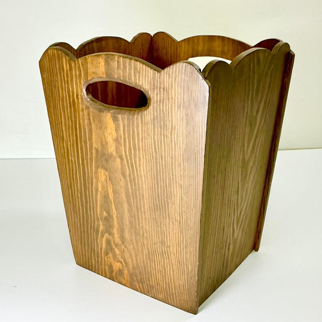 1970s Vintage Folk Art Boho Chic Walnut Wood Wastebasket For Sale - Image 10 of 10