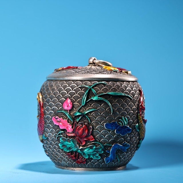 This exquisite vintage lidded jar is a beautiful example of traditional metalwork and enameling. Crafted from copper and...