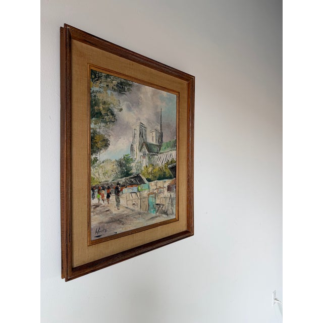 Charming 1960s vintage oil on canvas painting depicting a bustling European city street scene with figures strolling along...