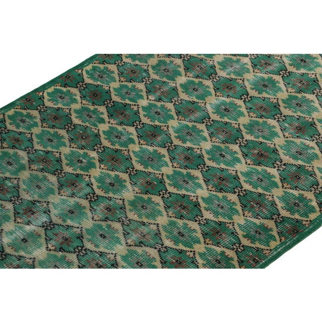 Rug & Kilim 1960s Vintage Distressed Rug in Teal Green Lattice Patterns With Light Goldenrod For Sale - Image 4 of 8
