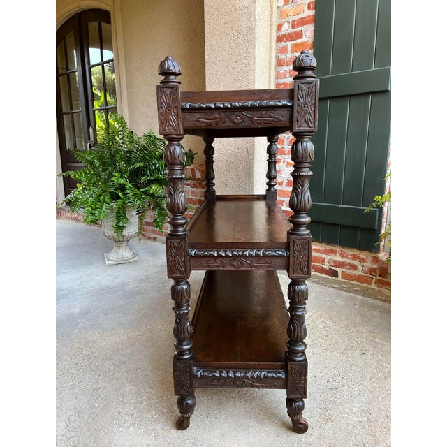 Antique English Hotel Dumbwaiter Server Sideboard Trolley Carved Oak Renaissance For Sale - Image 9 of 12