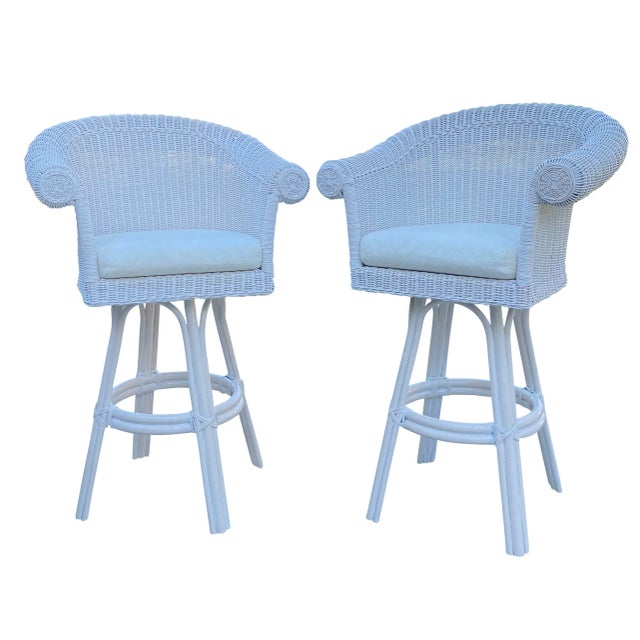 Late 20th Century Henry Link White Wicker Swivel Barstools - a Pair For Sale - Image 5 of 8
