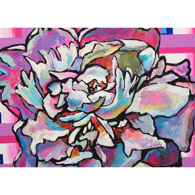 Contemporary "Pink Peony" Fauvist Botanical Acrylic Painting on Canvas Patterned Backround For Sale - Image 3 of 3