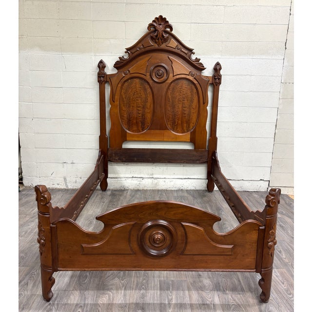 Late 19th Century Antique Full Size Victorian Eastlake Carved Walnut and Flame Mahogany Bed For Sale - Image 5 of 14