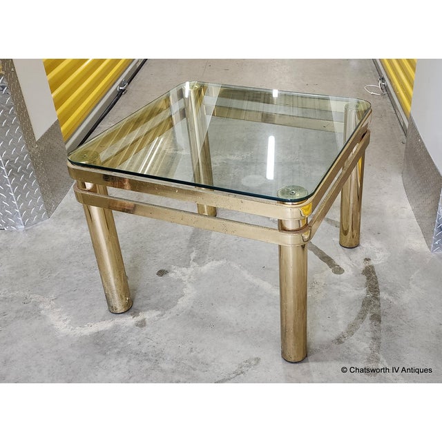 Vintage Brass Hollywood Regency Style Modern Contemporary Glass Top End Table 2 of 2 For Sale In New York - Image 6 of 15