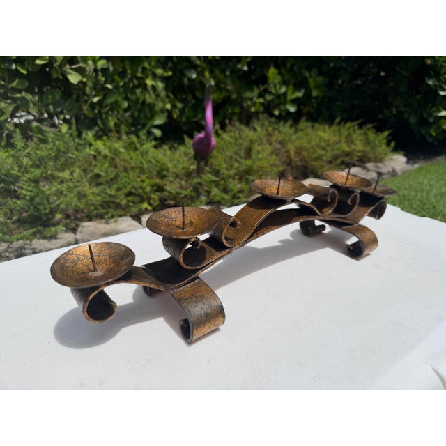 Vintage Mexican Hand-Forged Iron Five-Light Candelabra With Crackle Gilt Finish For Sale - Image 4 of 12