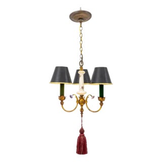 French Porcelain and Brass Three-Light Chandelier For Sale