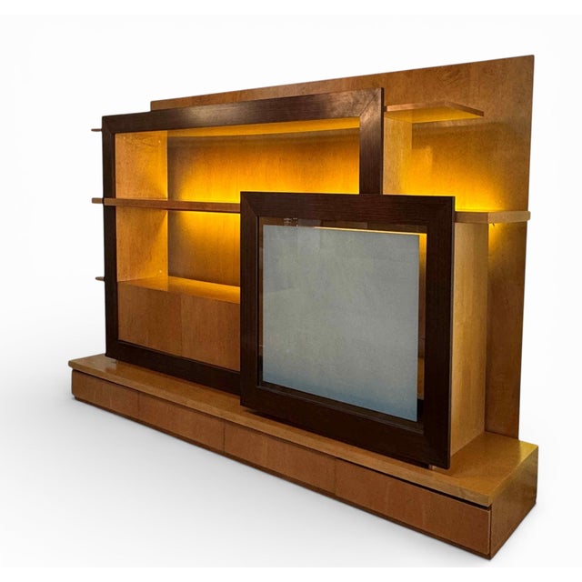 Large Roche Bobois Custom Wall Unit. Features a sliding panel with a frosted glass insert and soft backlighting. Drawers...