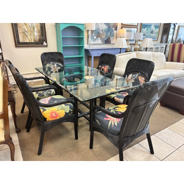 Onyx Mid 20th Century McGuire Bamboo Table With 6 Coordinating, Pencil Reed Designer Chairs For Sale - Image 8 of 12